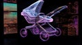 A 3D hologram wireframe of a baby stroller for on-the-go parents and their little ones