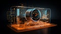 A 3D hologram wireframe of a table alarm clock reveals its sleek, minimalist design