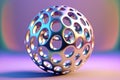 3D holographic hollow ball or metal sphere with holes, circle chromatic object with gradient pearlescent texture, glossy