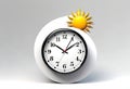 3D home clock design depicting day and night with sun and moon on a clean white background, Royalty Free Stock Photo