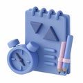 3D homework icon, notebook with clock and pencil Royalty Free Stock Photo