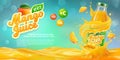 3D Horizontal banner with 3D realistic advertising of mango juice, a bottle with mango juice among the splashes and a logo