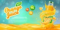 3D Horizontal banner with 3D realistic advertising of orange juice, a bottle in a splash of orange juice among the splashes and a