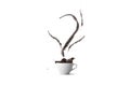 3d hot liquid coffee black americano splash float line scatter ceramic white cup mug stained cream background.
