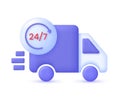 3D 24,7 hours delivery illustration. Express delivery, shipping, truck icon, quick move. Fast delivery concept.