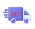 3D 24,7 hours delivery illustration. Express delivery, shipping, truck icon, quick move. Fast delivery concept.