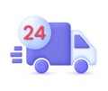 3D 24,7 hours delivery illustration. Express delivery, shipping, truck icon, quick move. Fast delivery concept.