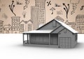 3D House against 2D city drawings on beige background