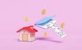 3d house with bank account open book, passbook, dollar money coins isolated on pink background. invoice, electronic bill, saving