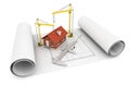 3d house with caliper and Hoisting Crane over architect blueprin Royalty Free Stock Photo