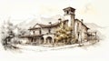 Italian Renaissance Revival: Sketch Of An Old House With Mountain View