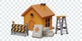 3D house, folding ladder, barricade, bags with cement. Repairs