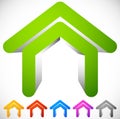 3D house icon in six colors. Home, suburban house, residential b