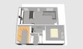 3D House Plan, Top View, One bedroom, One bathroom with big storage room Royalty Free Stock Photo