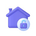 3D House protection illustration. Open padlock. Home protection concept. Apartment smart guard or defence padlock.
