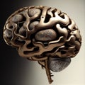 3D human brain with golden accents on dark background