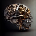 3D human brain with golden accents on dark background