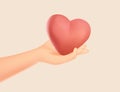 3D Human Hand gives to someone big red heart. Donation, help Concept of love, charity, philanthropy and donation. 3D