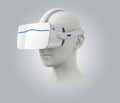 3D human head wearing white VR headset isolated on gray background