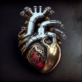 3D human heart with golden accents on dark background