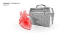 3D human heart transplantation case. Red low poly heart anatomy organ. Polygonal donor medicine patient help donation Royalty Free Stock Photo