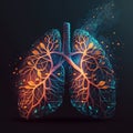 3D Human Lung Illustration in Smoked Iron, Metal, Gold and Wood on Isolated Dark Background