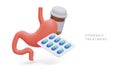 3D human stomach, jar with pills, blister with capsules. Medicines for stomach
