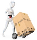 3D Humanoid robot pushing a cart with cardboard boxes