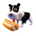 3d hungry puppy dog looks at a giant hot dog food snack, 3d illustration