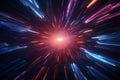 3D hyper warp abstract flight through neon space time tunnel