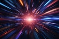 3D hyper warp abstract flight through neon space time tunnel Royalty Free Stock Photo