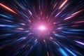 3D hyper warp abstract flight through neon space time tunnel