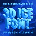 3D Ice alphabet font. Broken frozen letters and numbers on blue polygonal background. Royalty Free Stock Photo