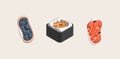 3d icon. Asian food. Sushi rice on top of grilled saba and salmon, salmon roe. Minimalistic style icon
