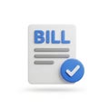 3D Icon of a Bill Document with a Blue Checkmark Circle on White Background invoice payment Royalty Free Stock Photo