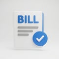 3D Icon of a Bill Document with a Blue Checkmark Symbol invoice payment Royalty Free Stock Photo