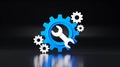 3D icon blue gear, white wrench center, technical maintenance symbol Royalty Free Stock Photo
