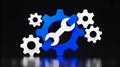 3D icon blue gear, white wrench center, technical maintenance symbol Royalty Free Stock Photo