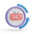 3D Icon of a Clock with 24 7 Symbol and Circular Arrows time always on Royalty Free Stock Photo