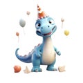 3d icon cute Dino Funny blue Dinosaur with cap and balls happy Birthday party illustration in cartoon style on Isolated Royalty Free Stock Photo