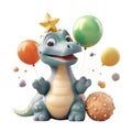 3d icon cute Dino Funny green Dinosaur with cap and balls happy Birthday party illustration in cartoon style on Isolated Royalty Free Stock Photo
