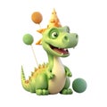 3d icon cute Dino Funny green dinosaur Dinosaur with cap and balls happy Birthday party illustration in cartoon style on Isolated Royalty Free Stock Photo