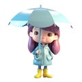 3d icon Cute little girl in blue coat hiding under umbrella during during the rain weather people character illustration. Cartoon