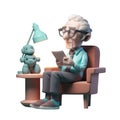 3d icon cute An older male grandfather reads while sitting in a chair. Elderly people are cartoon characters. old age on Isolated