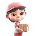 3d icon cute. Smiling cartoon korean man in uniform standing with parcel, boxes, delivery, transportation, transportation to