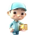 3d icon cute. Smiling cartoon korean man in uniform standing with parcel, boxes, delivery, transportation, transportation to