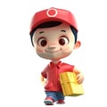 3d icon cute. Smiling cartoon korean man in uniform standing with parcel, boxes, delivery, transportation, transportation to
