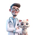 3D icon cute veterinarian man with cat cartoon style on Isolated Transparent png background. Generative ai