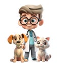 3D icon cute veterinarian man with cat and dog cartoon style on Isolated Transparent png background. Generative ai