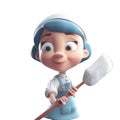 3D icon cute Young woman housewife cleaning the floor with a mop, people activity, daily routine cartoon style on Isolated